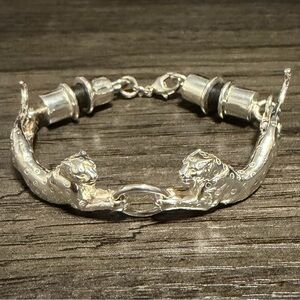 Rare SERGIO BUSTAMANTE Vintage Two Jaguars Sterling Silver Leather Bracelet 7”
